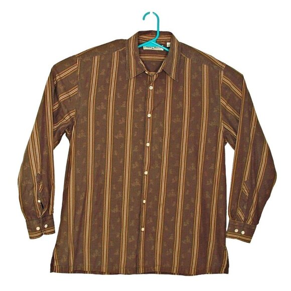 Tommy Bahama Shirt Button Up Mens Large Striped Brown Tan Pineapple Print Cotton - Picture 1 of 12
